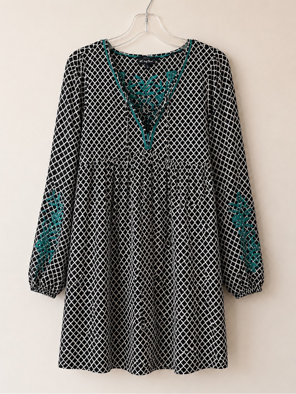 THML Embroidered Boho Tunic Dress Small Black Teal Lace-Up Mini Rayon